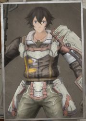 1boy 3d armor blue_eyes brown_hair clothes coat gloves jacket jewelry laurent_mccloud looking_at_viewer male_focus military military_uniform necklace official_art pants sega senjou_no_valkyria_(series) senjou_no_valkyria_4 shirt short_hair simple_background solo standing weapon