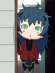 1girl :o ayanami_rei ayanami_rei_(cosplay) black_bodysuit blue_hair blush_stickers bodysuit bodysuit_under_clothes breasts chibi evangelion:_3.0+1.0_thrice_upon_a_time green_eyes highres igawa_asagi igawa_asagi_(clone) indoors japanese_clothes long_hair looking_at_viewer messy_hair parody pun rebuild_of_evangelion solo standing taimanin_(series) taimanin_asagi taimanun trait_connection wide_hips