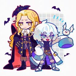 2boys :d alucard_(castlevania) aqua_eyes artist_name bat_(animal) blonde_hair cape castlevania_(series) chibi chibi_only coat fang goma_yammy long_hair looking_at_another male_focus multiple_boys open_mouth short_hair skin_fang sleeves_past_fingers sleeves_past_wrists smile soma_cruz watermark white_coat white_hair yellow_eyes