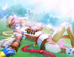 blonde_hair brown_armor brown_helmet digimon digimon_(creature) duftmon green_eyes helmet kimcorpse knight long_hair lying magnamon on_back on_grass second-party_source solo_focus sunlight sword weapon
