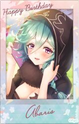 1girl :d abaris_(phantom_of_the_kill) black_dress black_hood blush braid breasts character_name cleavage commentary_request dress g-row green_hair hair_between_eyes hand_on_headwear happy_birthday hood hood_up looking_at_viewer official_alternate_costume official_art open_mouth phantom_of_the_kill purple_eyes second-party_source smile solo two-sided_hood