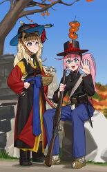 2girls absurdres antique_firearm bayonet beonggeoji blonde_hair blue_eyes firearm firelock flintlock food fruit gun highres holding holding_gun holding_weapon joseon_dynasty korea looking_afar looking_at_viewer military multiple_girls on_rock persimmon pink_hair pzkpfwi rifle rock seeu sitting standing star_(symbol) tree uni_(vocaloid) waving weapon