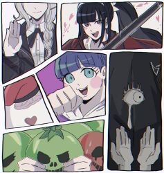 Rule 34 | 2boys, 4girls, black ribbon, blue eyes, blush, braid, brain, brown eyes, cape, clenched hand, collared shirt, eye print, eyes out of frame, from behind, getsumen (pst moon), grey hair, hand up, hat, head out of frame, heart, highres, jacket, kirifuji nozomi, long hair, magadori kyoshika, mojiro moko, multiple boys, multiple girls, neck ribbon, nigou (hundred line), omokage yugamu, oosuzuki kurara, red cape, red hat, ribbon, shirt, signature, smile, sword, teeth, the hundred line -last defense academy-, tomato, upper teeth only, weapon, white shirt