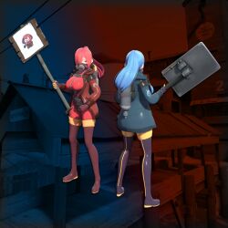 Rule 34 | 2girls, black footwear, black gloves, blender (medium), blu pyro (tf2), blue bodysuit, blue eyes, blue hair, bodysuit, boots, breasts, commentary, commission, english commentary, full body, gas mask, genderswap, genderswap (otf), gloves, hair over one eye, highres, holding, jacket, large breasts, latex, latex gloves, long hair, long sleeves, mask, multiple girls, ponytail, pyro (tf2), red bodysuit, red eyes, red hair, red jacket, red pyro (tf2), standing, team fortress 2, tedwin66, thigh boots, zipper