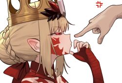 1girl anger_vein bare_shoulders blonde_hair braid commentary crown dress ebora english_commentary facial_mark fate/grand_order fate_(series) highres medium_hair nero_claudius_(fate) pointy_ears queen_draco_(fate) queen_draco_(first_ascension)_(fate) red_dress red_eyes red_scales scales solo_focus
