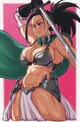 Rule 34 | 1girl, 2nd popularity poll (boku no hero academia), armor, bikini armor, boku no hero academia, breasts, cape, cleavage, detached sleeves, gloves, highres, knight, loincloth, makdraw25, navel, ponytail, sword, weapon, yaoyorozu momo