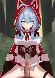 1boy 1girl absurdres ahoge animal_ears blue_hair captain_(honkai_impact) censored closed_mouth clothed_female_nude_male clothes_lift cowgirl_position dog_ears dress erection fake_animal_ears forest griseo griseo_(maroon_riding_hood) griseo_(starry_impression) hetero highres honkai_(series) honkai_impact_3rd lifting_own_clothes looking_at_viewer mosaic_censoring nature ng1sh8 no_panties nude penis pov puffy_short_sleeves puffy_sleeves purple_eyes red_hood short_sleeves smile straddling textless_version thigh_strap tree white_dress