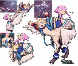 anger_vein angry artist_name ballet between_breasts bird blonde_hair blue_eyes breast_smother breasts cammy_white cat collage dated distress dougi face_between_breasts face_to_breasts facial_scar furry game_screenshot head_between_breasts hershuar manon_legrand musical_note pink_hair scar scar_on_cheek scar_on_face spoken_musical_note street_fighter street_fighter_6 swan