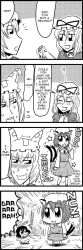 4girls 4koma animal_hat bkub chen comic female_focus giant giantess greyscale hard-translated hat inaba_tewi long_sleeves mob_cap monochrome multiple_girls mob_cap short_hair tassel third-party_edit touhou translated yakumo_ran yakumo_yukari zun