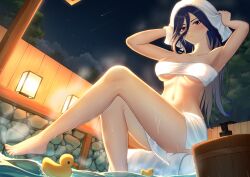 absurdres barefoot bathing bucket chinese_commentary clorinde_(genshin_impact) closed_mouth collarbone commentary_request feet foot_up from_below genshin_impact hh_long highres light_blush long_hair looking_at_viewer navel night night_sky onsen outdoors purple_eyes purple_hair rubber_duck sky stomach toes towel towel_around_breasts towel_around_waist towel_on_head wet