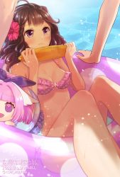 2girls ahoge ani_inako artist_name bikini blush bow breasts brown_hair chibi cleavage coa_(momo) corn corn_cob dame_x_prince dated flower foreshortening frilled_bikini frills hair_bow hair_flower hair_ornament hibiscus highres innertube medium_breasts multiple_girls navel pink_hair purple_eyes swim_ring swimsuit tan water wavy_hair