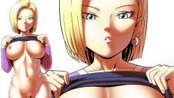 10s 1girl :o android_18 apostle_(artist) blonde_hair blue_eyes bottomless breasts clothes_lift collarbone dragon_ball dragon_ball_super earrings female_focus female_pubic_hair highres hoop_earrings jewelry large_breasts lifting_own_clothes long_sleeves looking_at_viewer navel nipples no_bra out-of-frame_censoring parted_lips pubic_hair purple_shirt shirt shirt_lift short_hair solo