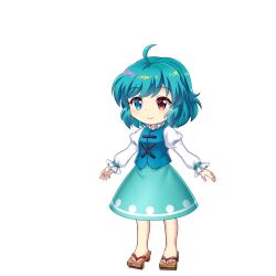 1girl a-pose blue_eyes blue_hair blue_skirt blue_vest brown_sandals chibi full_body geta heterochromia highres juliet_sleeves karakasa_obake long_sleeves puffy_sleeves red_eyes rotte_(1109) sandals shirt short_hair simple_background skirt solo sprite tatara_kogasa touhou touhou_lostword umbrella vest white_background white_shirt