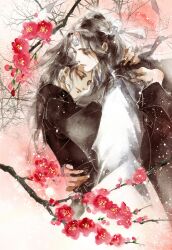 2boys absurdres black_hair black_hanfu branch chinese_clothes closed_eyes closed_mouth couple faux_traditional_media flower grey_eyes hanfu headband highres hug ink_wash_painting kcllzas163 lan_wangji light_particles long_hair long_sleeves looking_at_another male_focus modao_zushi multiple_boys ponytail red_flower robe smile third-party_source tree wei_wuxian white_hanfu white_headband wide_sleeves yaoi