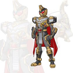 1boy armor bakuryuu_brachiosaurus bakuryuu_sentai_abaranger black_bodysuit black_helmet bodysuit cape clenched_hands full_body helmet highres kamen_rider red_cape red_eyes super_sentai to_ze tokusatsu