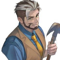 1boy blue_shirt brown_vest cane chinese_commentary commentary_request green_eyes holding holding_cane looking_at_viewer male_focus multicolored_hair necktie oscar_(housamo) sdz_(inazuma) shirt smile tokyo_houkago_summoners upper_body vest white_background yellow_necktie