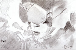 1girl absurdres caldari_state_(eve_online) commentary copyright_logo copyright_name el-sior eve:_valkyrie eve_online graphite_(medium) greyscale helmet highres lips logo monochrome nose parted_lips pilot pilot_helmet portrait science_fiction signature solo traditional_media valkyrie_(eve_online)
