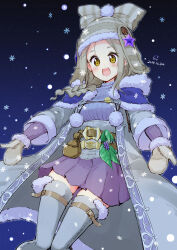1girl :d atelier_(series) atelier_firis beanie belt belt_pouch blue_background blue_capelet blush braid brown_belt brown_hair brown_hat capelet coat cowboy_shot dated firis_mistlud firis_mistlud_(snow_bright) fur-trimmed_capelet fur-trimmed_headwear fur_trim green_eyes grey_coat hat highres long_hair long_sleeves looking_at_viewer minidraco mittens official_alternate_costume open_mouth outstretched_arms pleated_skirt pom_pom_(clothes) pouch purple_skirt skirt smile snow snowflakes snowing solo standing winter_clothes