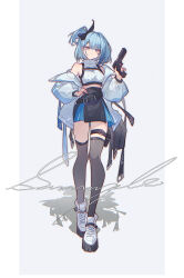 1girl absurdres aqua_eyes aqua_hair bare_shoulders belt belt_pouch black_bow bow closed_mouth cloudyman commentary commission crop_top english_commentary full_body gun hand_on_own_hip hand_up handgun high-waist_skirt highres holding holding_gun holding_weapon jacket looking_at_viewer miniskirt multiple_belts one_side_up original platform_shoes pouch sample_watermark shoes short_hair simple_background skirt solo standing thigh_pouch thigh_strap thighhighs watermark weapon white_background white_jacket white_shoes
