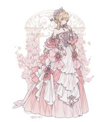 1girl bare_shoulders blonde_hair bow braid choker commentary commission dress dress_bow floral_background flower frilled_dress frills full_body gold_embroidery gradient_clothes gradient_dress hair_ornament lemon89h long_dress long_hair long_sleeves looking_at_viewer original pink_bow pink_dress rococo_movement rose solo standing strapless strapless_dress yellow_eyes