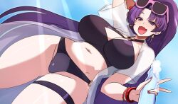 1girl bikini black_bikini blue_archive bottle breasts dutch_angle eyeshadow fang flower hair_flower hair_ornament hand_up holding holding_bottle jacket large_breasts long_hair looking_at_viewer makeup navel o-ring o-ring_bikini official_alternate_costume open_mouth purple_hair ramune red_eyeshadow see-through_clothes see-through_jacket shimazu_kaname skin_fang smile solo swimsuit thigh_strap yukari_(blue_archive)