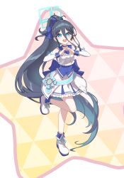 absurdly_long_hair absurdres alternate_costume alternate_hairstyle aris_(blue_archive) bare_shoulders black_hair blue_archive blue_bow blue_eyes blue_halo bow commentary_request detached_sleeves dress full_body hair_bow halo heart heart_hands highres idol_clothes long_hair looking_at_viewer open_mouth ponytail shoes standing star_(symbol) teeth upper_teeth_only very_long_hair white_background white_dress white_shoes wuqi_wupenguin
