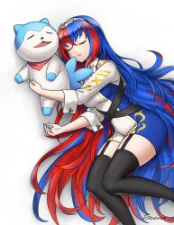 1boy 1girl female_alear_(fire_emblem) bandana black_garter_straps black_thighhighs blue_fur blue_hair braid breasts closed_eyes commission crossed_bangs crown_braid facing_viewer fire_emblem fire_emblem_engage garter_straps grimaisbestwaifu ko-fi_commission legwear_garter long_hair medium_breasts multicolored_hair nintendo red_bandana red_hair sleeping sommie_(fire_emblem) split-color_hair thighhighs tiara tri_tails two-tone_fur two-tone_hair very_long_hair white_fur