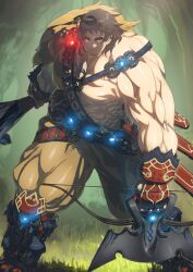 Rule 34 | 1boy, armor, armored boots, armored gloves, arms at sides, belt, belt pouch, big nose, boots, bow (weapon), brown hair, closed mouth, club (weapon), fate/grand order, fate (series), feet out of frame, fingerless gloves, fur-trimmed gloves, fur trim, game cg, gloves, glowing, green background, holding, holding bow (weapon), holding club, holding weapon, i-iv (longman), legs apart, looking at viewer, male focus, medium hair, muscular, muscular male, official art, pants, pectorals, pouch, sash, sheath, sheathed, shoulder armor, shoulder sash, smile, solo, standing, super orion (fate), sword, thick eyebrows, third-party source, topless male, variant set, weapon, yellow pants