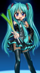 aqua_hair blue_eyes blush cosplay detached_sleeves green_hair hatsune_miku hatsune_miku_(cosplay) headphones hiiragi_kagami long_hair lucky_star microphone miniskirt mutsuki_(moonknives) necktie skirt solo spring_onion thighhighs twintails vocaloid yamaha zettai_ryouiki