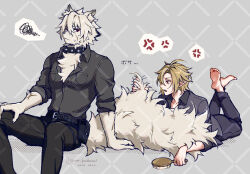 2boys ahoge anger_vein animal_ear_fluff animal_ears artist_name barefoot belt belt_buckle belt_pouch black_belt black_collar black_pants black_shirt blonde_hair body_fur breast_pocket brushing_tail buckle closed_mouth collar collared_shirt commentary_request dated facial_scar fang feet feet_up frown furry furry_male grey_background grey_shirt hair_between_eyes hair_brush highres holding holding_hair_brush hugo_vlad lying male_focus mole mole_under_eye multiple_boys on_stomach open_collar pants pocket pointy_ears pouch red_eyes scar scar_on_arm scar_on_cheek scar_on_face shirt short_hair sitting sleeves_rolled_up soles spiked_collar spikes squiggle sweat tail toes twitter_username v-shaped_eyebrows von_lycaon washidake white_fur white_hair wing_collar wolf_boy wolf_ears wolf_tail zenless_zone_zero