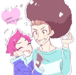 Rule 34 | 1boy, 1girl, afro, antenna hair, brown hair, cyappy1022, dress, duster (mother), facial hair, fingerless gloves, gloves, highres, hood, hooded dress, hoodie, kumatora, mother (series), mother 1, mother 3, nintendo, open mouth, pink hair, shirt, short hair, simple background, smile, upper body, wig