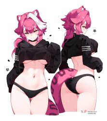 1girl absurdres animal_ears ass black_choker black_hoodie black_panties breasts cat_ears cat_girl cat_tail center-flap_bangs choker closed_mouth cropped_hoodie cropped_legs gluteal_fold highres hololive hololive_english hood hoodie large_breasts long_hair long_sleeves looking_at_viewer multicolored_hair multiple_views namiorii navel no_pants panther_ears panther_girl panther_tail panties patreon_username pink_hair raora_panthera simple_background smile stomach streaked_hair tail thighs twitter_username underboob underwear virtual_youtuber white_background white_hair yellow_eyes