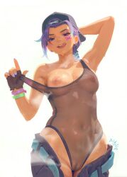 1girl ai-assisted arm_behind_head armpits artist_name backwards_hat black_hat breasts breath clothes_pull collarbone covered_erect_nipples cowboy_shot dark-skinned_female dark_skin earrings functionally_nude gloves half-closed_eyes hat highleg highleg_leotard highres jewelry leotard leotard_pull licking_lips looking_at_viewer medium_breasts mole mole_under_eye official_alternate_costume open_clothes open_fly overwatch pants pants_pull partially_fingerless_gloves pitslip purple_eyes pussy simple_background slay_star_sombra solo sombra_(overwatch) standing steam steaming_body stomach strap_pull stud_earrings sweat tongue tongue_out transparent_leotard wet white_background