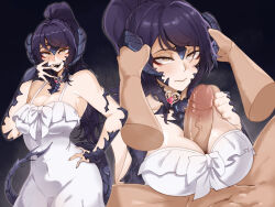 1boy 1girl akashicelegy armpits au_ra black_background blush breasts brown_eyes cleavage commission disembodied_hand dragon_horns dragon_tail dress eyebrows_hidden_by_hair final_fantasy final_fantasy_xiv hand_on_own_hip hand_to_own_mouth highres horn_grab horns large_breasts lipstick long_hair looking_at_viewer makeup multiple_views open_mouth paizuri penis ponytail purple_hair sapphira_nyx scales second-party_source sharp_teeth simple_background smile tail teeth veins veiny_penis very_long_hair warrior_of_light_(ff14) white_dress