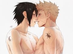2boys after_kiss black_eyes black_hair blonde_hair blue_eyes earrings facial_mark fangs highres jewelry kiss looking_at_another male_focus multiple_boys naruto naruto_(series) nipples open_mouth saliva short_hair simple_background spiked_hair tamelee teeth toned toned_male uchiha_sasuke upper_teeth_only uzumaki_naruto whisker_markings white_background yaoi