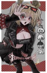 1boy 4girls black_jacket black_skirt black_thighhighs black_tube_top blonde_hair breasts burnice_white caesar_king_(zenless_zone_zero) cleavage crop_top eyewear_on_head highres jacket large_breasts lighter_(zenless_zone_zero) luciana_de_montefio medium_hair multiple_girls ok_sign ok_sign_over_eye open_mouth ox_xohappy piper_wheel red-tinted_eyewear red_eyes skirt spiked_jacket strapless thighhighs tinted_eyewear tube_top twintails zenless_zone_zero