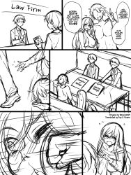 Rule 34 | 1girl, 3boys, absurdres, divorce, glasses, highres, jenigata, lawyer, monochrome, multiple boys, netorare, punching, translated