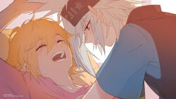 2boys :d alternate_costume aotu_world arm_up artist_name black_headband black_vest blonde_hair blue_shirt chinese_commentary closed_eyes from_side grey_(aotu_world) hair_between_eyes headband highres king_(aotu_world) long_hair looking_at_another lying male_focus multiple_boys on_back on_bed open_mouth pijitaidi pillow pink_shirt pointy_ears profile purple_eyes shirt short_hair short_sleeves simple_background smile teeth twitter_username upper_body vest white_background white_hair yaoi