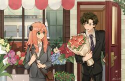 1boy 1girl absurdres anya_(spy_x_family) bag black_hair black_suit bouquet commentary cowboy_shot damian_desmond ducartoon flower formal_clothes green_eyes grey_suit hairpods highres holding holding_bouquet long_hair necktie pink_hair purple_necktie satchel short_hair spy_x_family suit