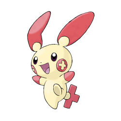 :d animal_focus arms_up dot_nose full_body gen_3_pokemon nintendo no_humans official_art open_mouth plus_sign plusle pokemon pokemon_(creature) pokemon_focus pokemon_rse simple_background smile solo standing standing_on_one_leg sugimori_ken third-party_source white_background