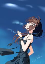 1girl absurdres arm_up bag belt belt_collar black_bag black_belt black_dress blue_sky brown_hair chinese_commentary cigarette closed_eyes collar collarbone commentary_request cowboy_shot cross cross_necklace dress from_side hair_ornament hairclip highres holding holding_cigarette jewelry long_hair minakami_yuki necklace outdoors parallel_hairclips parted_lips ponytail s197 shoulder_bag sidelocks signature sky smoking solo subarashiki_hibi sundress wind