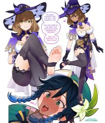 1boy 1girl beret black_thighhighs blush breasts brown_hair cleavage cleavage_cutout closed_mouth clothing_cutout dress english_text feet foot_focus foot_worship genshin_impact gloves green_eyes green_hair hat hetero high_heels highres large_breasts lisa_(genshin_impact) multiple_views nail_polish open_mouth pelvic_curtain purple_dress purple_gloves purple_nails rezodwel simple_background soles stirrup_legwear thighhighs toeless_legwear toenail_polish toenails toes tongue tongue_out venti_(genshin_impact) white_background