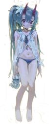 1girl barefoot bikini blue_archive blue_bikini blue_hair chise_(blue_archive) chise_(swimsuit)_(blue_archive) closed_mouth commentary flat_chest flower full_body hair_flower hair_ornament halo highres holding holding_sandals horns loli long_hair looking_at_viewer nemo_(leafnight) oni open_clothes open_shirt pointy_ears ponytail red_eyes sailor_collar sandals see-through_clothes see-through_shirt shirt simple_background sleeveless sleeveless_shirt solo standing striped_bikini striped_clothes swimsuit symbol-only_commentary very_long_hair wet wet_hair white_background white_flower