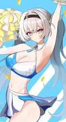 1girl armpits arms_up belly black_hair blue_archive blush breasts cheerleader cleavage closed_mouth collar detached_collar english_text firefly_(honkai:_star_rail) gradient_hair green_pupils grey_hair hair_between_eyes hair_intakes hair_ornament highres honkai:_star_rail honkai_(series) large_breasts long_hair millennium_cheerleader_outfit_(blue_archive) miniskirt multicolored_eyes multicolored_hair navel nuuuukoame pleated_skirt pom_pom_(cheerleading) ponytail skirt smile solo sweatdrop two-tone_eyes white_collar