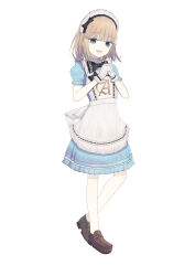 1girl :d absurdres apron back_bow black_bow black_bowtie blonde_hair blue_dress blue_eyes bow bowtie brown_shoes clothes_writing collared_shirt commentary_request dress frilled_apron frilled_dress frilled_gloves frills full_body gloves hair_bow hands_on_own_chest hands_up highres knees_apart_feet_together loafers maid_apron maid_headdress medium_dress medium_hair no_socks open_mouth original own_hands_together puffy_short_sleeves puffy_sleeves riuichi shirt shoes short_sleeves sidelocks simple_background smile solo standing teeth upper_teeth_only white_apron white_background white_bow white_gloves white_shirt wing_collar