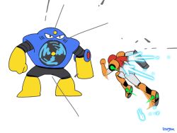 1girl air_man animated animated_gif arm_cannon armor crossover full_body helmet jetpack mega_man_(classic) mega_man_(series) metroid metroid_dread motion_lines nintendo power_armor power_suit_(metroid) robot running samus_aran speed_lines stup-jam varia_suit weapon