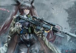 1girl a-10_thunderbolt_ii absurdres antenna_hair archillathefox bipod black_bodystocking black_gloves black_shorts bodystocking brown_coat brown_hair building closed_mouth coat commentary commission covenant_halo_(girls&#039;_frontline_2) covered_navel cowboy_shot english_commentary flares_(countermeasure) girls&#039;_frontline girls&#039;_frontline_2:_exilium glock gloves grey_sky griffin_&amp;_kryuger_logo gun handgun headphones highres holster holstered long_hair m14_(girls&#039;_frontline) microphone mk_14_ebr official_alternate_costume open_clothes open_coat orange_eyes rain scope shoes short_shorts shorts sky smoke_grenade solo suppressor thigh_holster torn_bodystocking torn_clothes torn_shorts trigger_discipline twintails walkie-talkie weapon wet