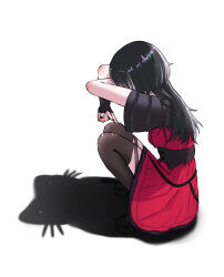 1girl absurdres black_capelet black_corset black_gloves black_hair black_nails black_thighhighs capelet cat_shadow_puppet corset diizy dress fingerless_gloves frilled_capelet frills gloves grey_hair highres hololive hololive_english long_hair multicolored_hair official_alternate_costume red_dress shadow shiori_novella shiori_novella_(casual) simple_background solo squatting thighhighs two-tone_hair virtual_youtuber white_background