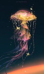 artist_name bug butterfly crescent_moon dress glowing highres huhv. insect leaf moon night night_sky no_humans original plant sky solo sparkle star_(sky) starry_sky veil