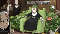 5girls :&lt; :p baby_animal banner bird brown_eyes brown_hair bunny_nun_(diva) chicken closed_eyes commentary couch curtains diva_(hyxpk) duck duckling earthworm english_commentary eye_mask food food_on_head freckles frog frog_headband froggy_nun_(diva) fruit green_socks grey_hair habit highres hungry_nun_(diva) index_finger_raised little_nuns_(diva) mole_(animal) multiple_girls nun object_on_head odd_one_out ostrich rabbit_ornament red_hair sheep_nun_(diva) sign sign_around_neck slice_of_life smile socks star_nun_(diva) star_ornament stuffed_animal stuffed_frog stuffed_toy surprised sweatdrop theft thief tongue tongue_out traditional_nun watermelon watermelon_slice